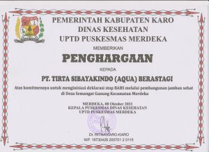 Penghargaan Program Open Defecation Free 2021 dari Puskesmas Merdeka, Karo